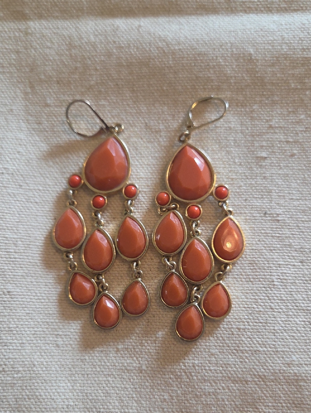 Coral Teardrop Chandelier Dangle Earrings with Gold Accents